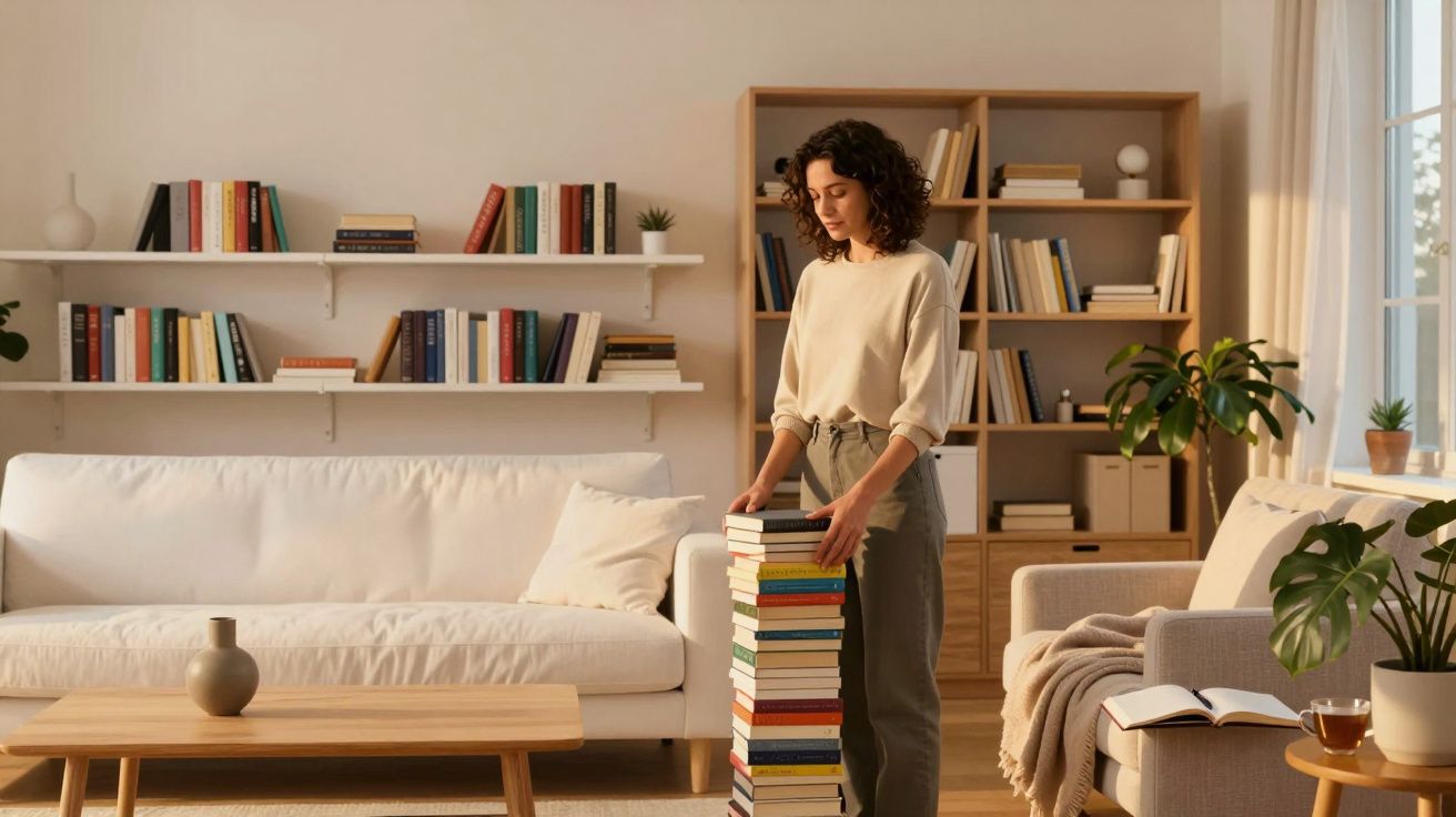 Mulher organizando pilha alta de livros na sala com estantes e sofá branco ao fundo.