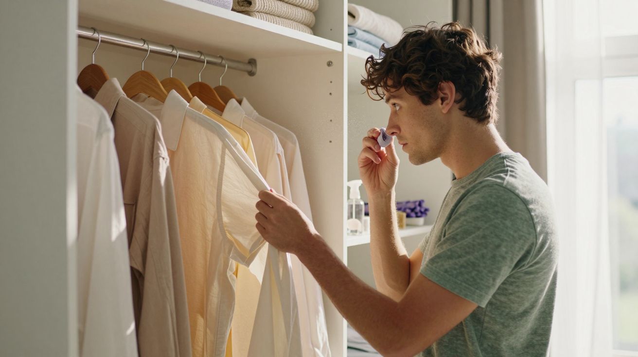 Homem olhando roupas em armário enquanto cheira flor roxa na mão em ambiente iluminado.