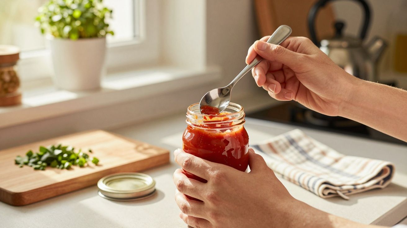 Mãos segurando pote de vidro com molho vermelho, colher pegando molho em cozinha iluminada.