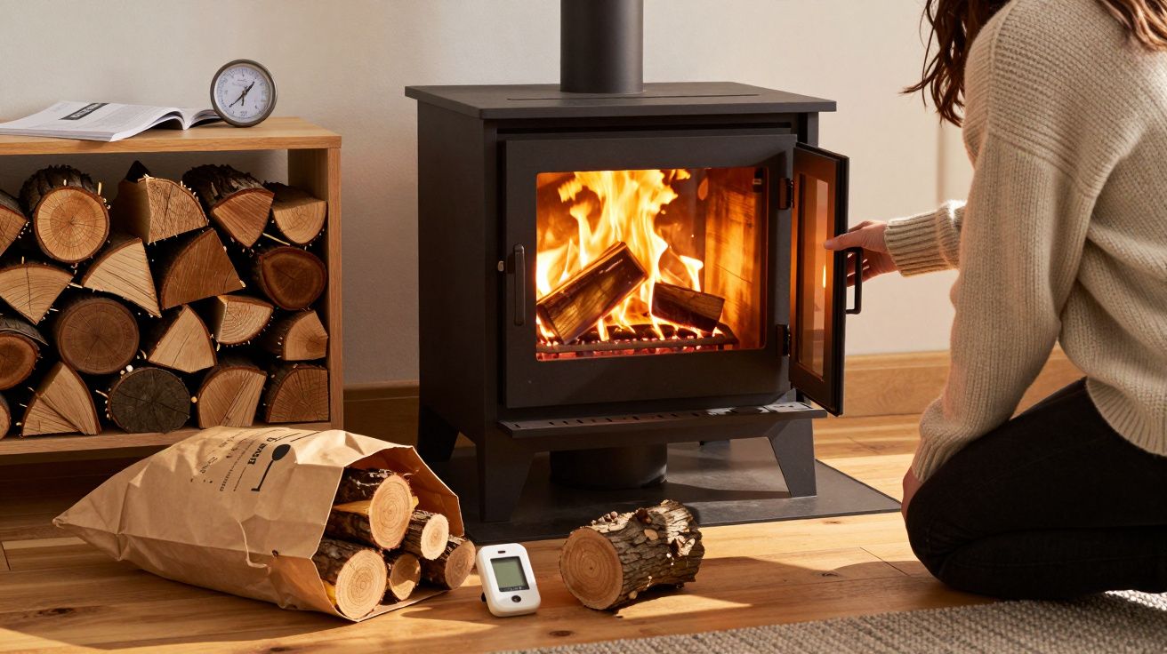 Pessoa abrindo a porta de uma lareira com fogo aceso em ambiente aconchegante com lenha.