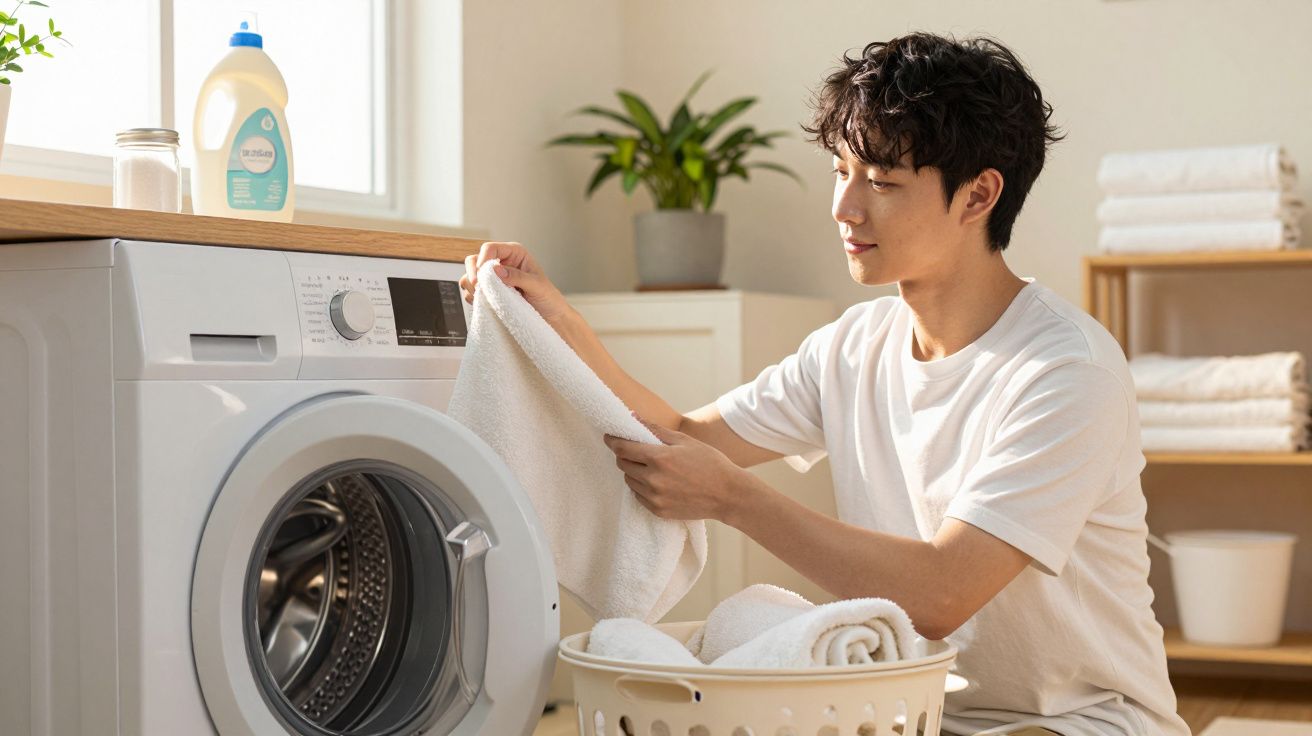 Homem sorridente retirando toalhas brancas da máquina de lavar em ambiente iluminado e organizado.