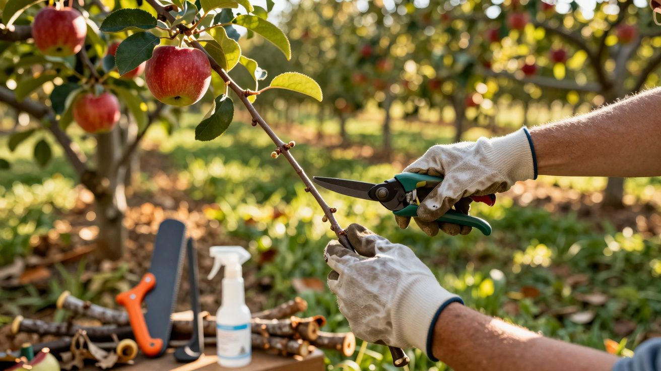 Pessoa com luvas podando galho de macieira em pomar com maçãs vermelhas ao fundo.