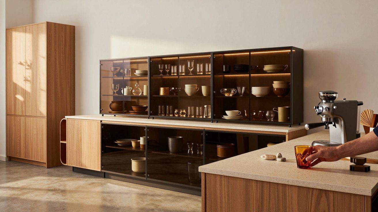 Cozinha com armários de madeira e vidro âmbar, bancada clara e pessoa segurando copo âmbar ao lado da cafeteira.