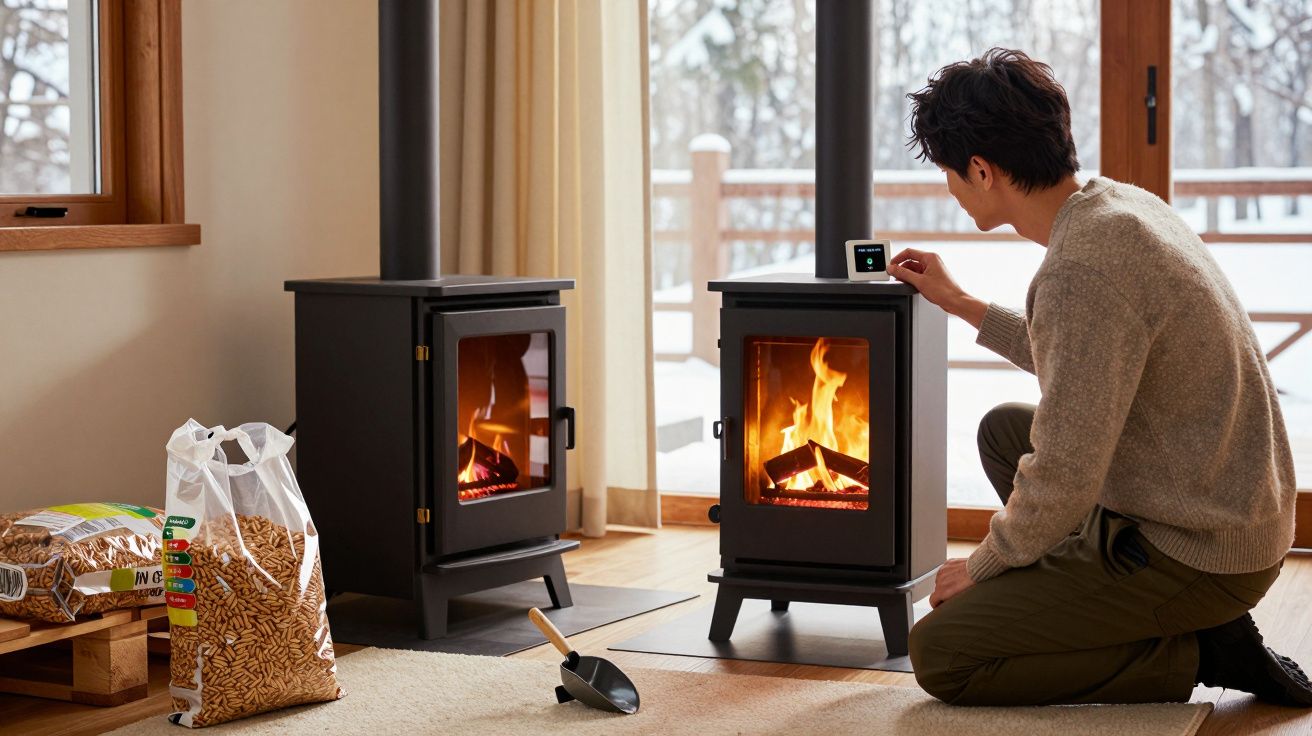 Homem ajusta termostato de lareira a pellets em sala com outra lareira acesa e sacos de pellets no chão.