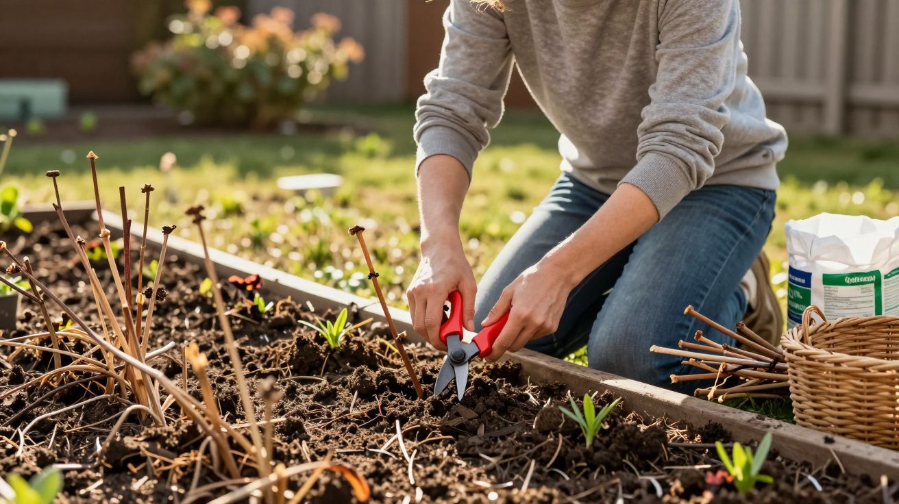 Pessoa podando plantas jovens com tesoura de jardinagem em canteiro elevado durante dia ensolarado.