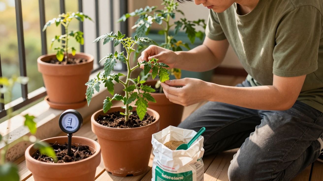 Pessoa cuidando de planta de tomate em vaso na varanda com adubo e medidor de umidade no solo.