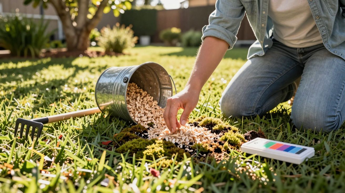 Pessoa regando musgos no gramado com aparas de madeira derramadas de um balde metálico.