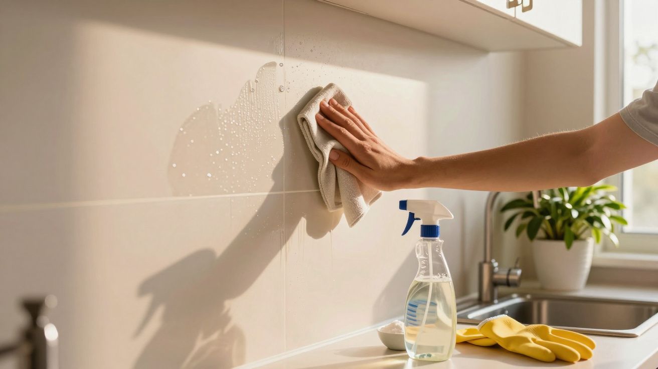 Pessoa limpando parede de azulejo na cozinha com pano e produto de limpeza spray.