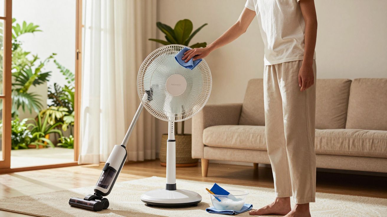 Pessoa limpando ventilador branco em sala com sofá bege e planta ao fundo.