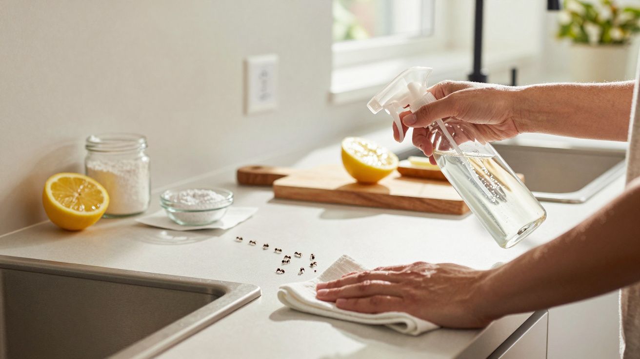 Mãos limpando bancada de cozinha com pano e spray, limão, bicarbonato e cravos na superfície.