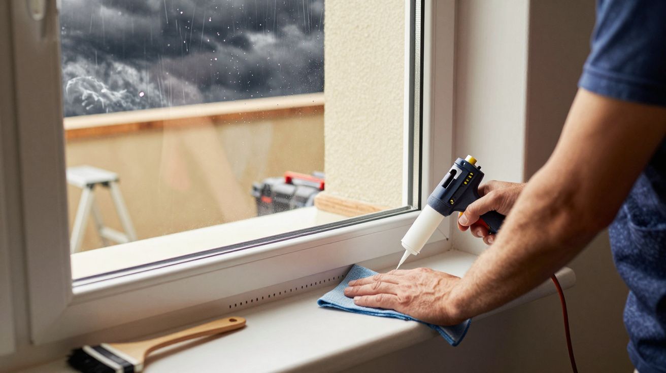 Pessoa limpando o batente de uma janela branca com pano azul em dia chuvoso.