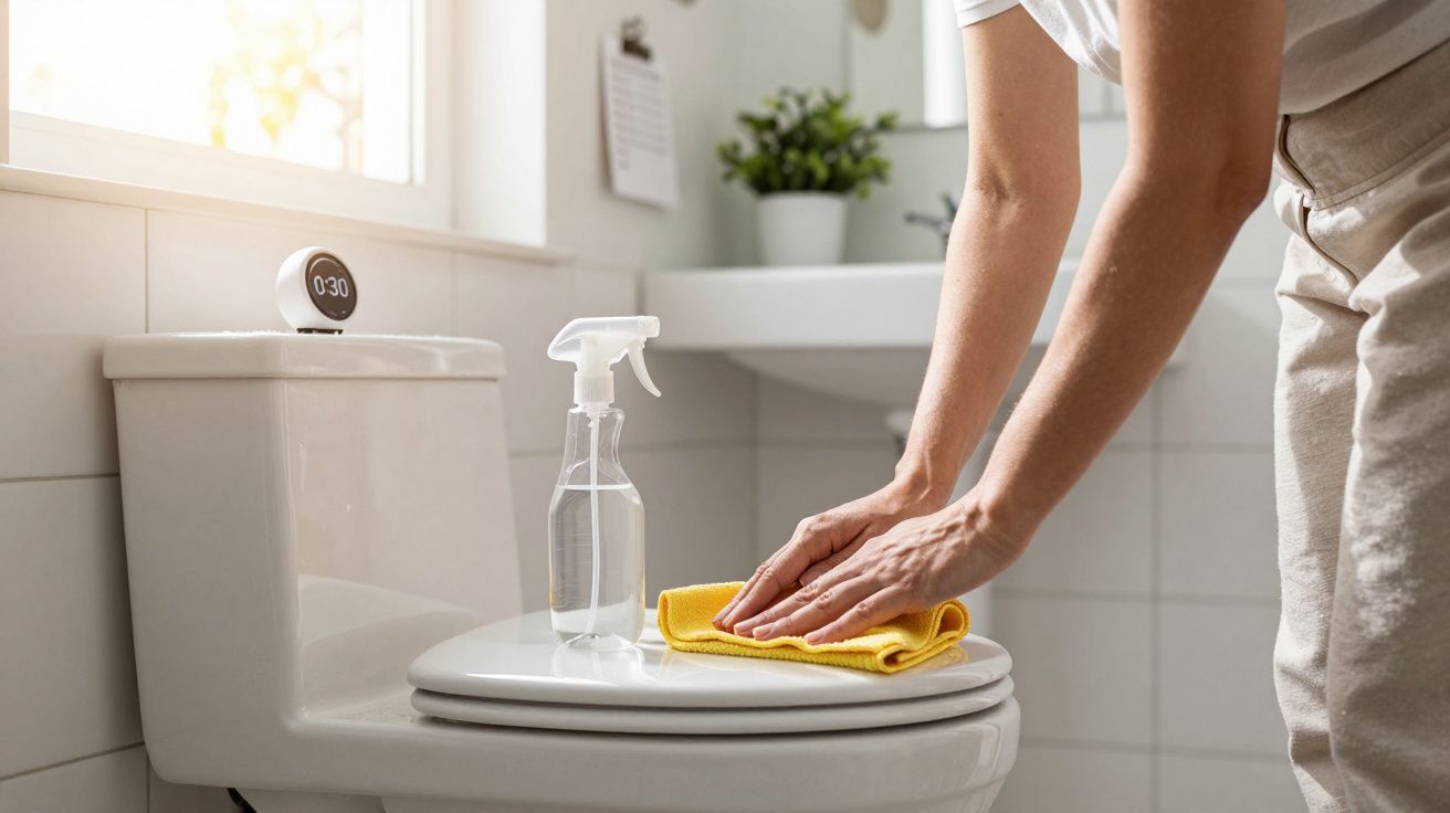 Pessoa limpando a tampa do vaso sanitário com pano amarelo e spray de limpeza em banheiro iluminado.