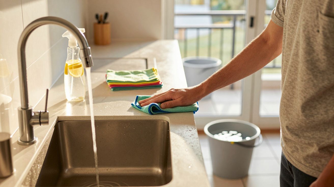 Pessoa limpando pia de cozinha de inox com pano verde e água corrente saindo da torneira.