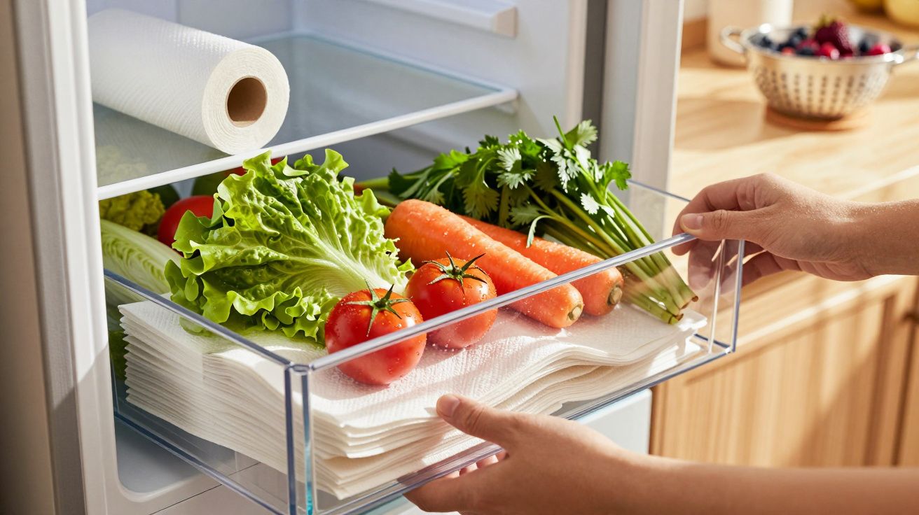 Mãos segurando gaveta da geladeira com tomates, cenouras, alface e coentro frescos sobre papel toalha.