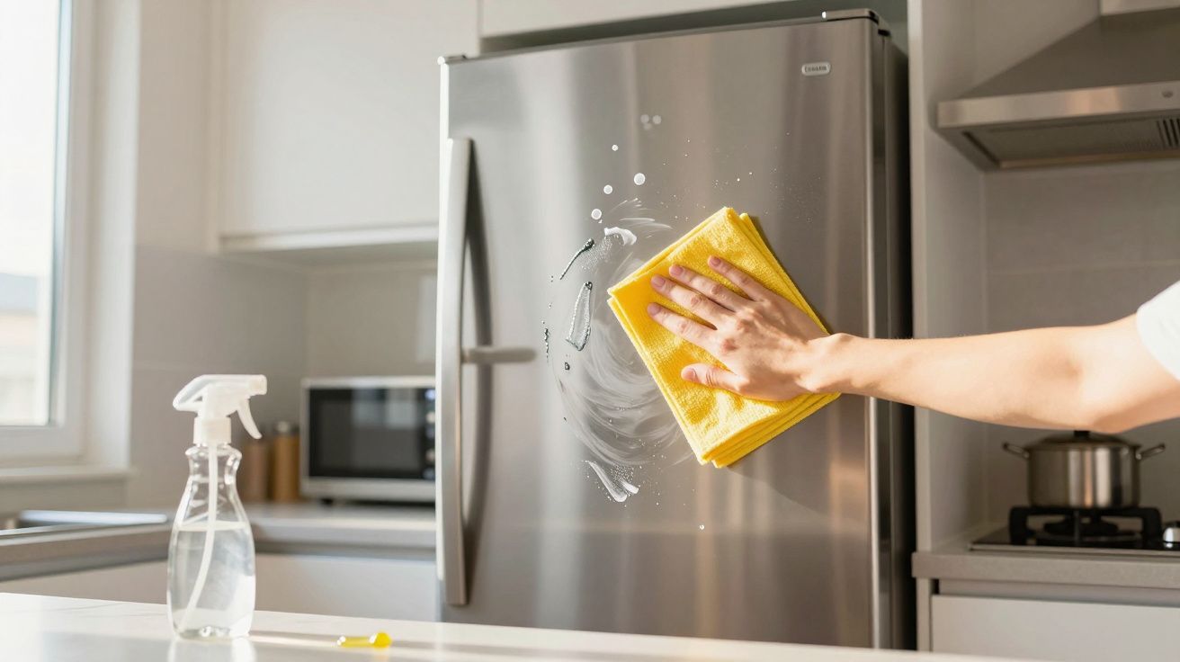 Pessoa limpando a porta de geladeira de inox com pano amarelo em cozinha moderna.