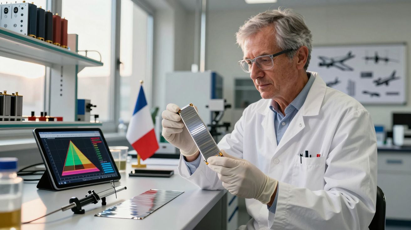 Cientista analisa célula solar em laboratório moderno com gráficos e bandeira da França ao fundo.