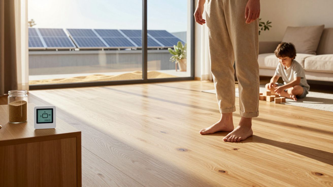 Pessoa em pé com criança brincando com blocos em chão de madeira clara perto de painel solar na janela.