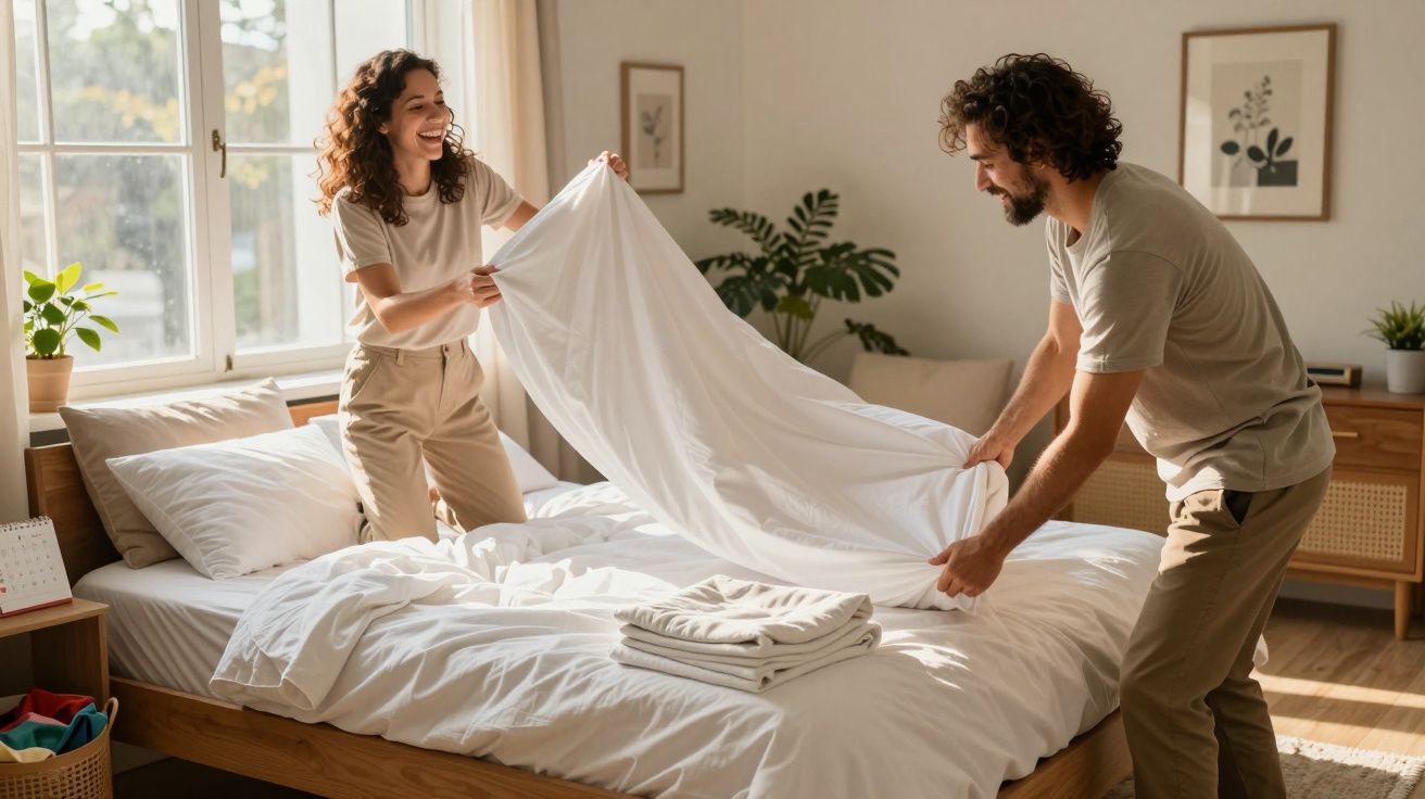 Casal sorridente arruma a cama com lençol branco em quarto iluminado e decorado com plantas.