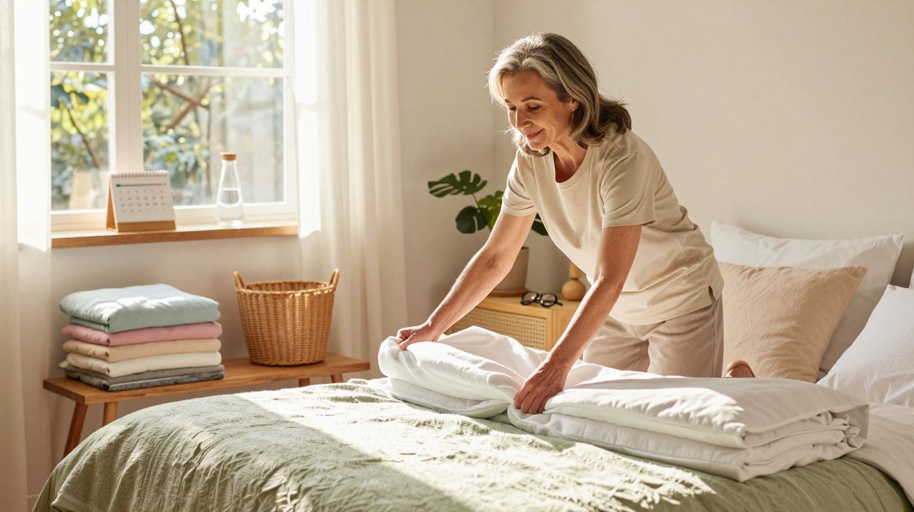 Mulher arrumando a cama em quarto iluminado com janela e móveis de madeira.