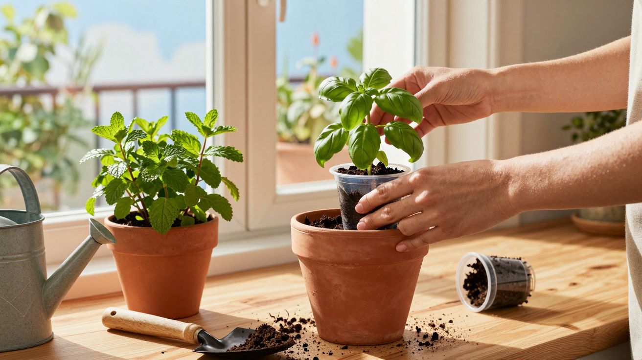Mãos transplantando muda de manjericão para vaso de barro em mesa perto de janela iluminada.