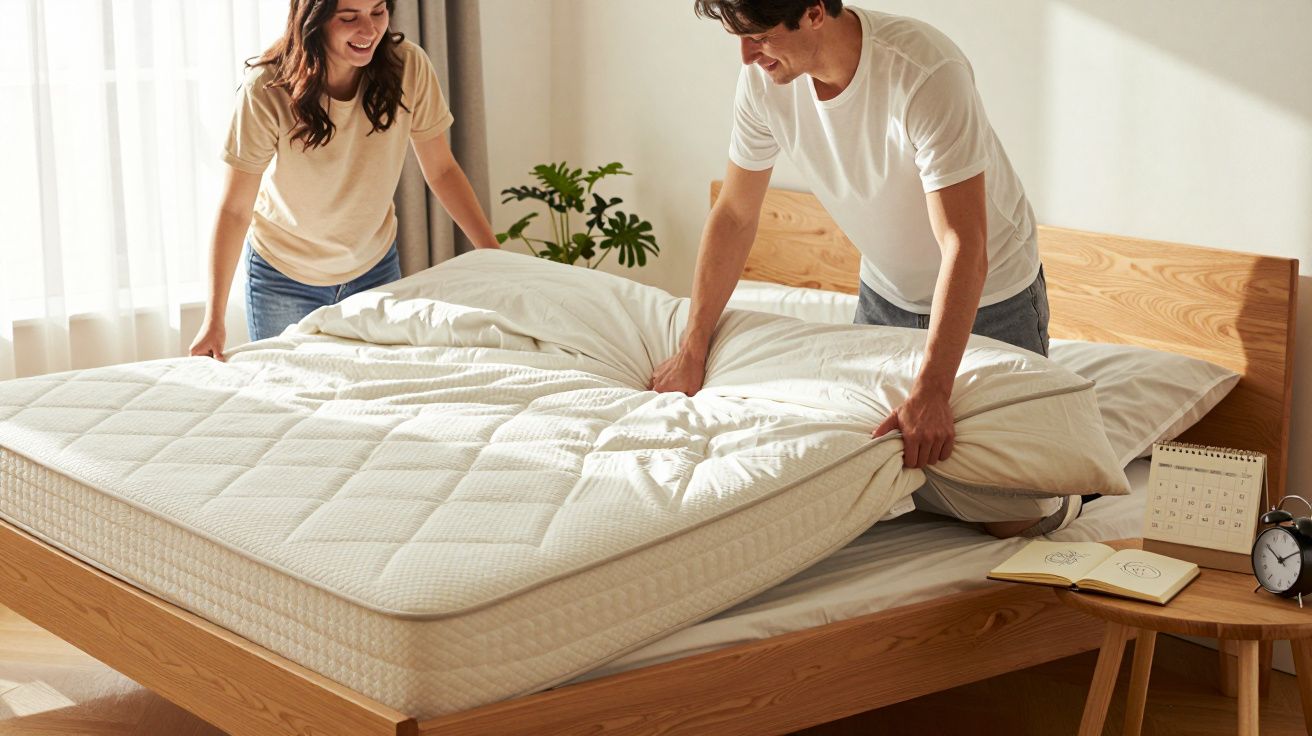 Casal arrumando a cama juntos em quarto com luz natural e decoração minimalista.