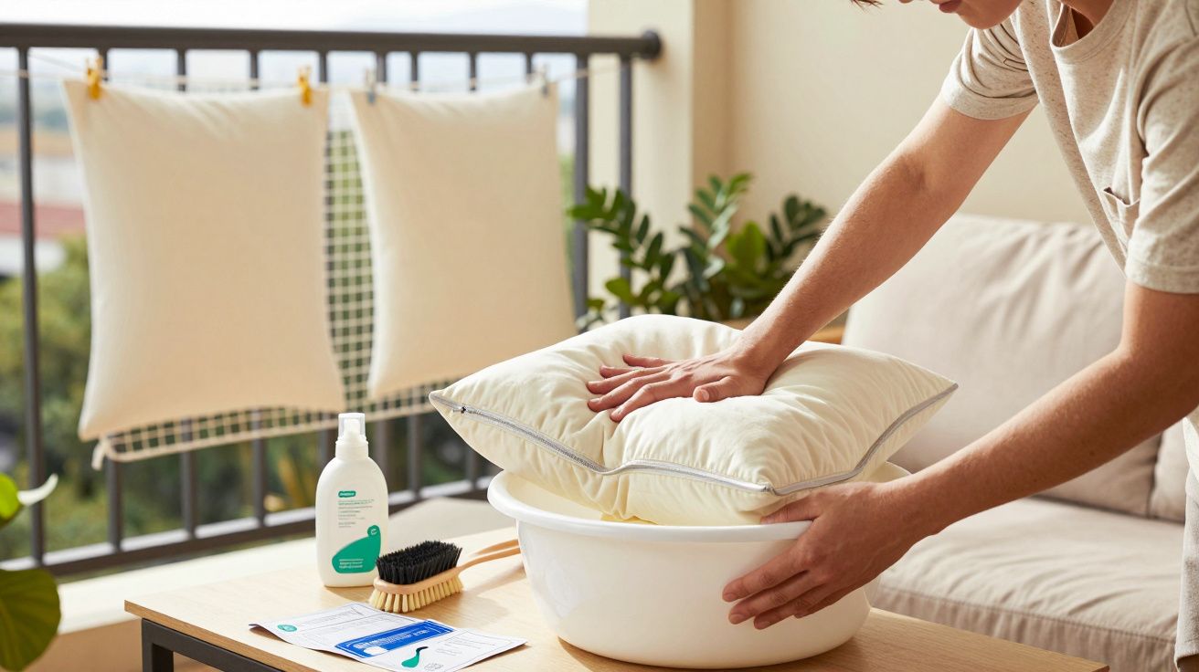 Pessoa lavando almofada branca em bacia sobre mesa com duas almofadas secando ao fundo na varanda.