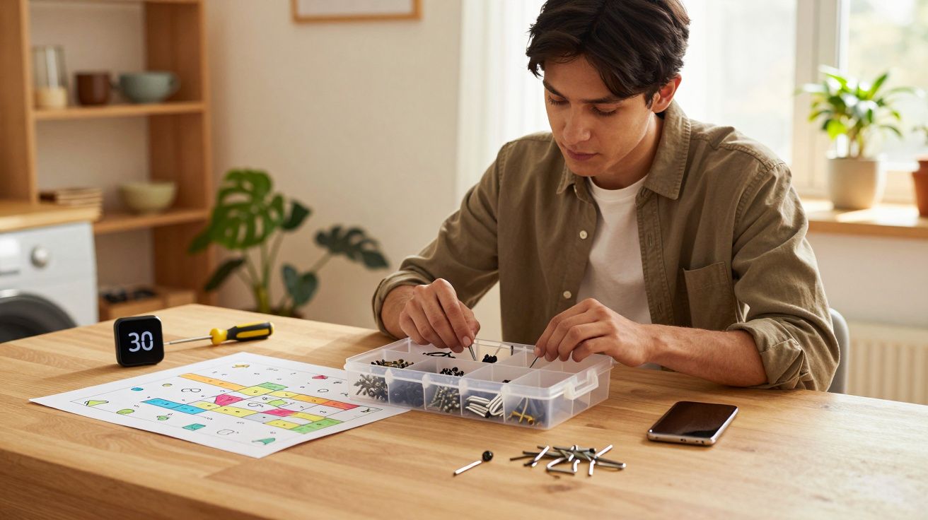 Jovem sentado organizando parafusos em caixa plástica em mesa com instruções de montagem e celular ao lado.