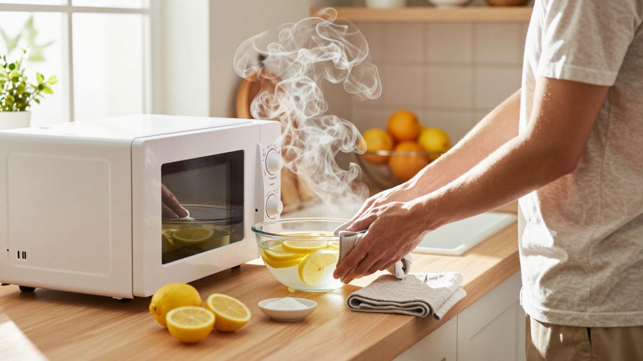 Pessoa retirando tigela com água e limões quentes do micro-ondas na cozinha ensolarada.