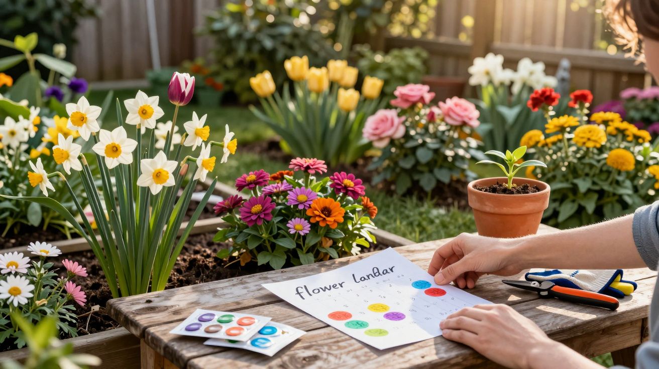 Pessoa organizando adesivos coloridos em papel perto de flores variadas em canteiros no jardim ensolarado.
