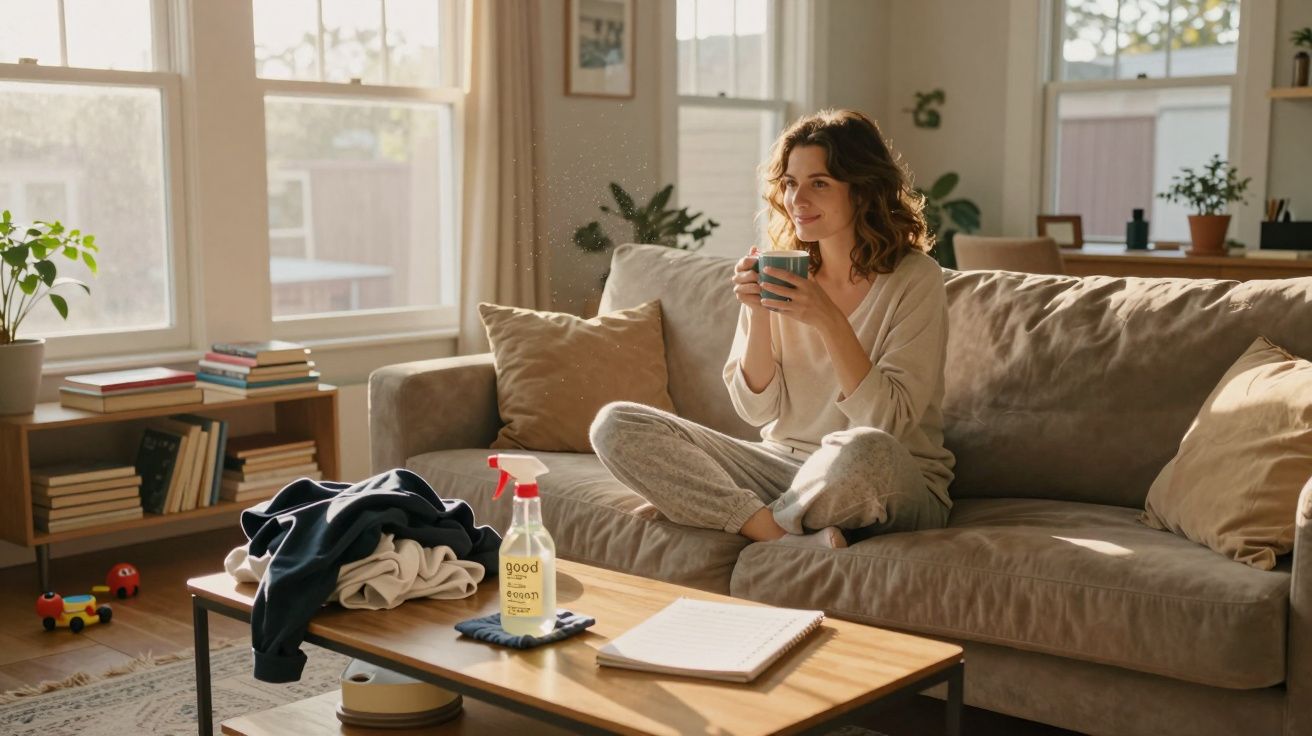 Mulher sentada no sofá tomando café em sala iluminada com mesa de centro e objetos domésticos.