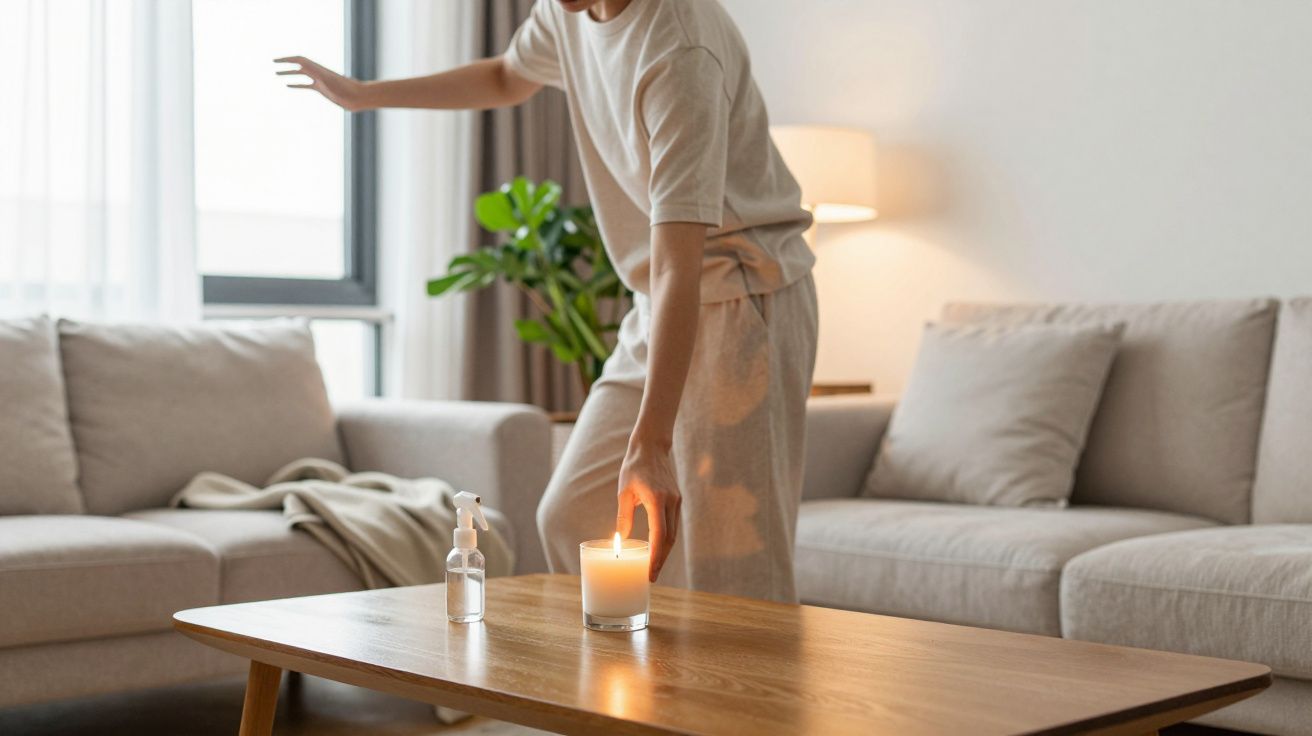 Pessoa apagando vela acesa sobre mesa de centro em sala de estar com sofá e planta ao fundo.