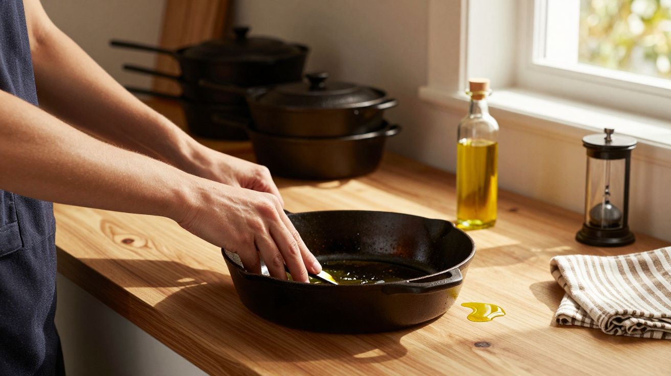 Mãos untando uma frigideira de ferro com óleo sobre bancada de madeira com utensílios ao fundo.
