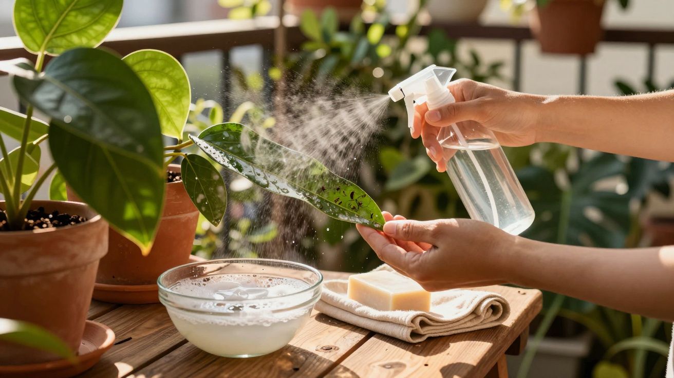 Mãos borrifando água em folha de planta verde, ao lado de vaso, sabão e recipiente com líquido.