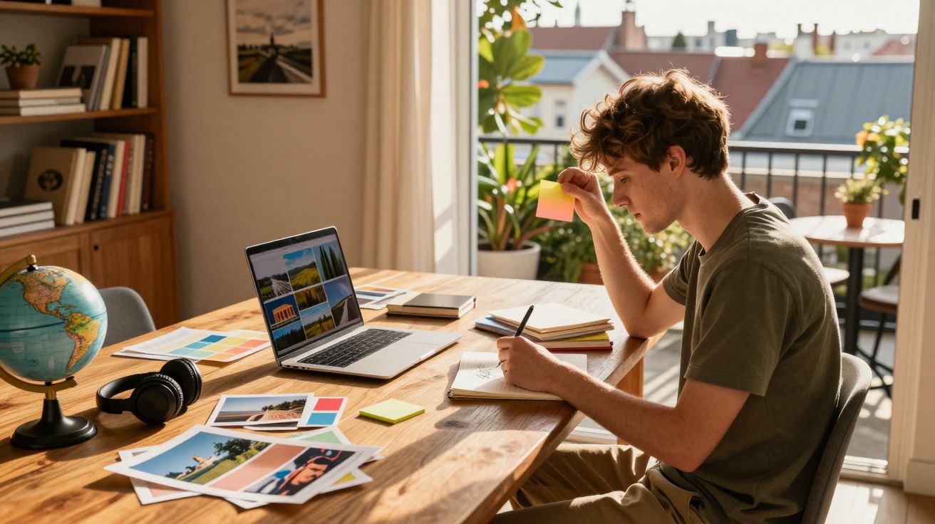 Jovem sentado à mesa escrevendo em caderno, com laptop, fotos, e globo terrestre ao redor em ambiente iluminado.