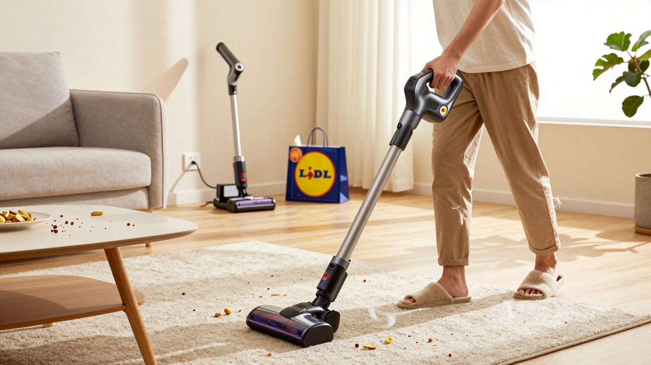Pessoa usando aspirador sem fio para limpar tapete em sala de estar com sofá e planta.