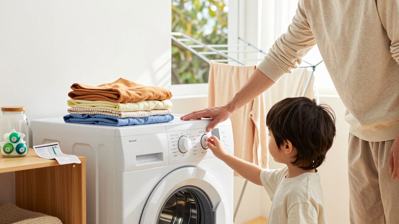Criança ajudando adulto a ligar máquina de lavar roupas com roupas dobradas ao lado.