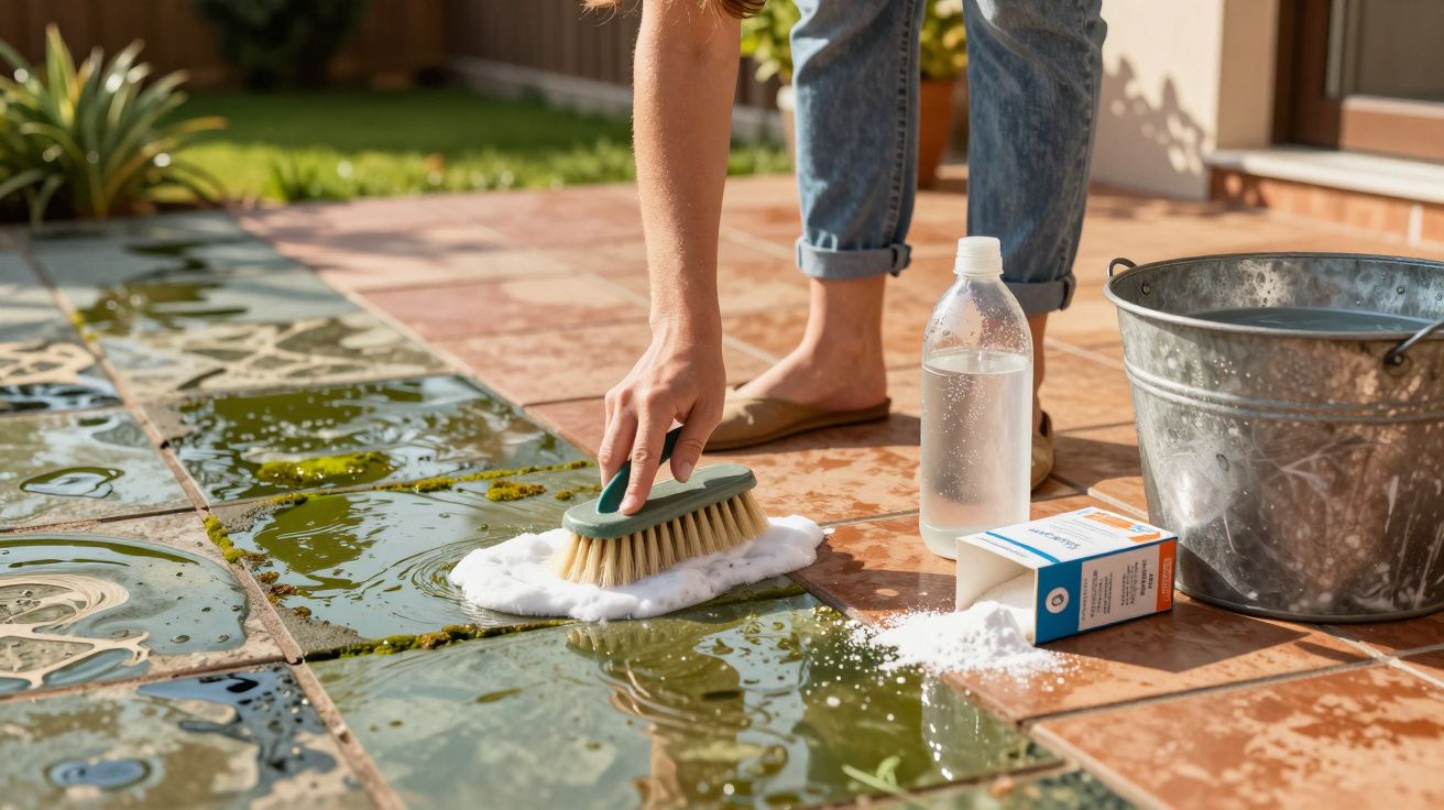 Pessoa limpando piso de cerâmica com escova, detergente, bicarbonato de sódio e balde de água.