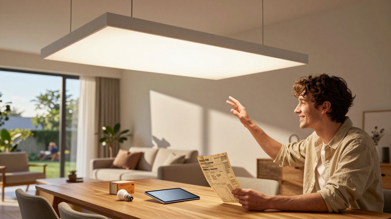 Jovem sentado à mesa da sala, segurando papel e acenando com a mão em ambiente iluminado.