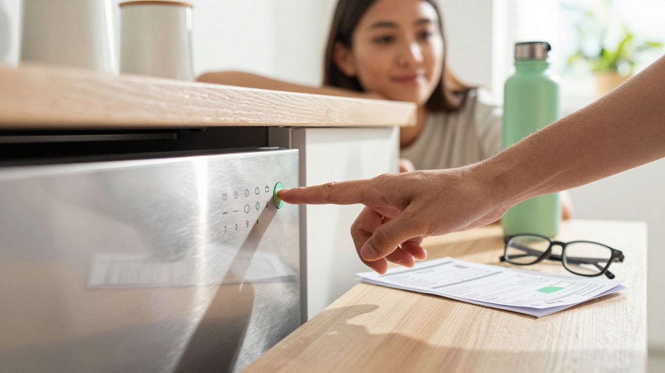 Pessoa ativando o painel de controle de um eletrodoméstico inox na cozinha.