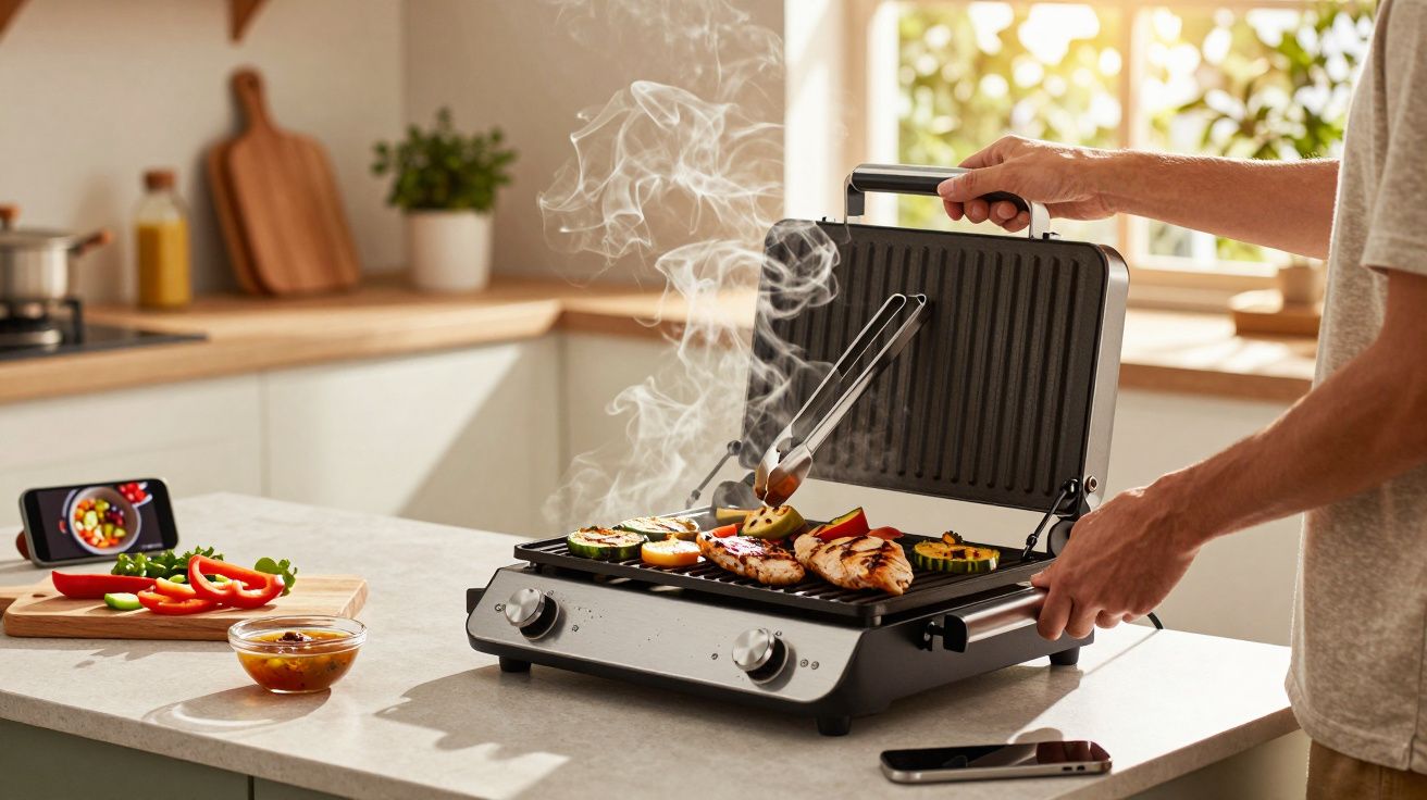 Pessoa usando grill elétrico para grelhar legumes e frango em cozinha iluminada por luz natural.