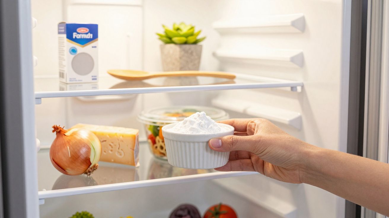 Mão colocando recipiente com farinha dentro de geladeira com cebola, queijo, sal e legumes.