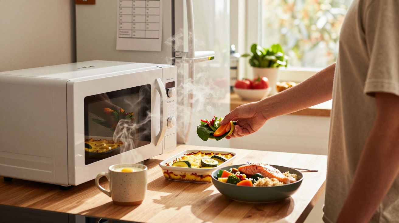 Pessoa servindo comida saudável em uma cozinha com micro-ondas e pratos quentes na mesa.