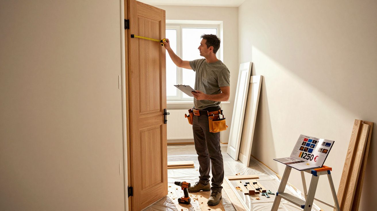 Homem medindo a largura de uma porta de madeira em um ambiente interno durante reforma.