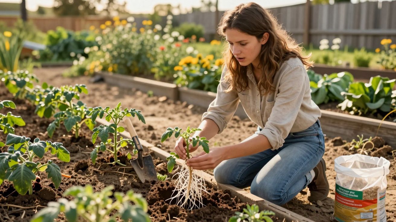 Mulher ajoelhada plantando muda com raízes expostas em horta com flores ao fundo em dia ensolarado.
