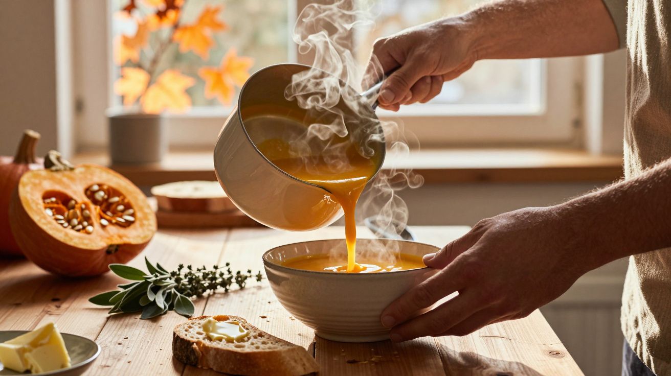 Pessoa servindo sopa quente em uma tigela, com pão e abóbora na mesa de madeira em ambiente iluminado.
