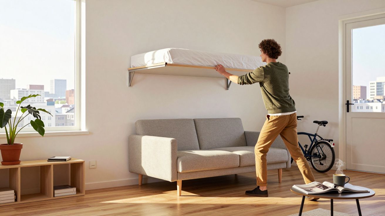 Pessoa puxando cama suspensa de parede em sala iluminada com sofá cinza e bicicleta ao fundo.