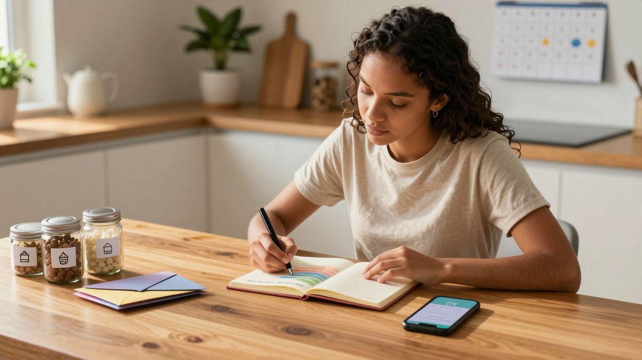 Jovem sentada à mesa escrevendo em caderno com celular ao lado em cozinha clara e organizada.