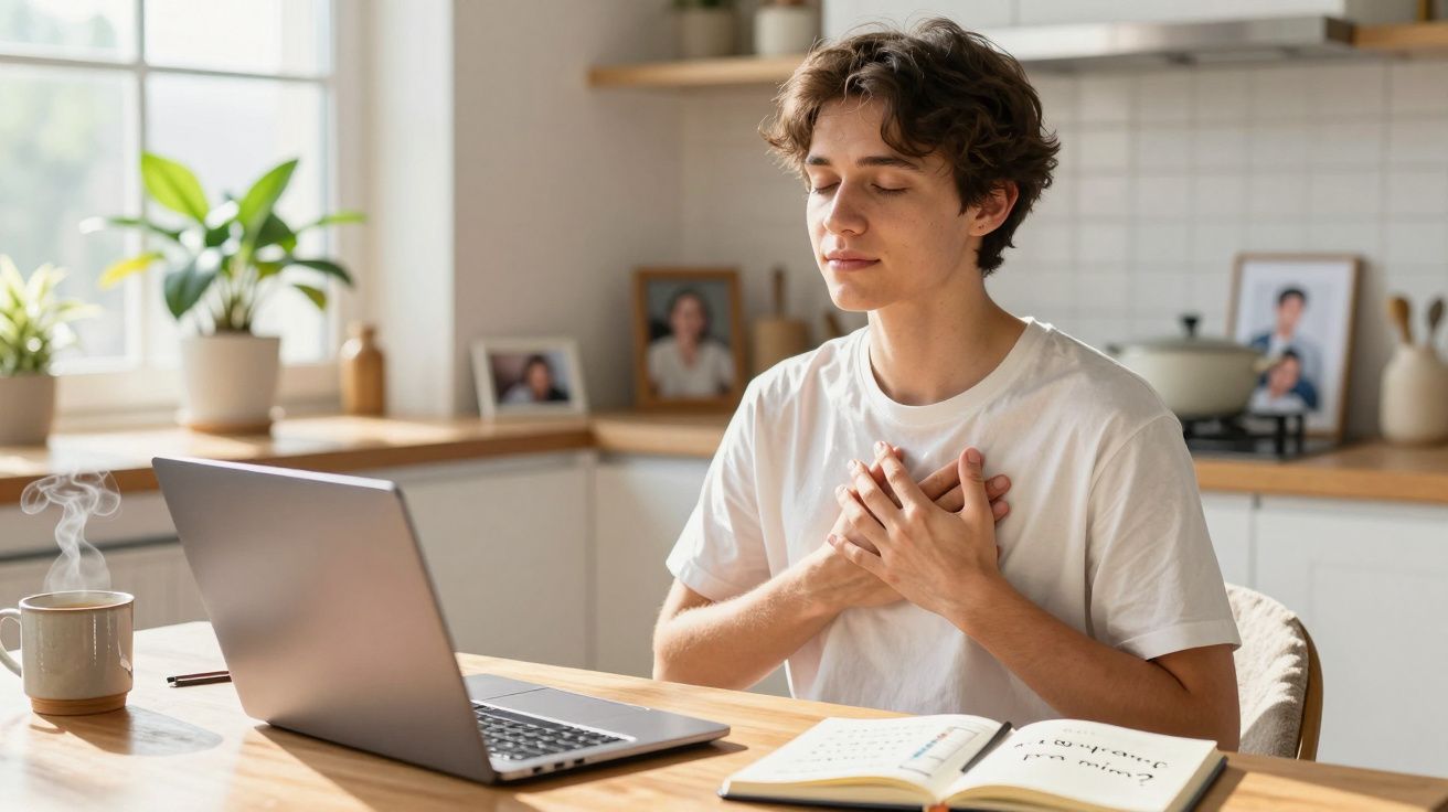 Jovem sentado à mesa com laptop, mãos no peito, olhos fechados, praticando respiração ou meditação.