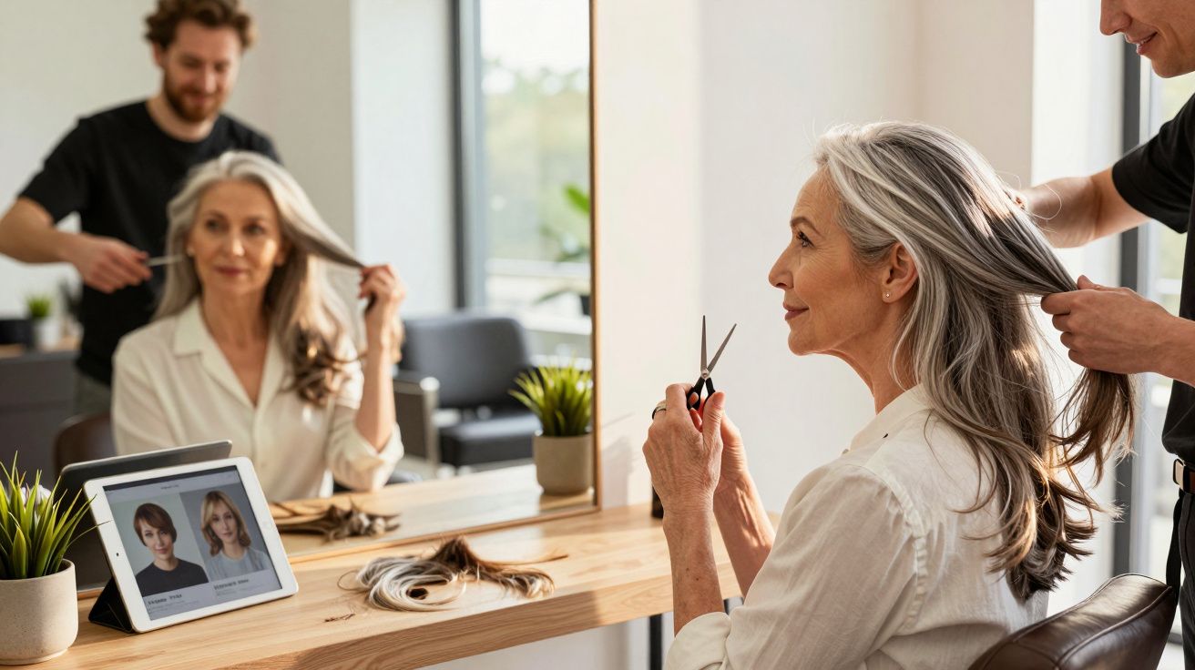 Mulher mais velha com cabelo grisalho escolhendo corte em salão de beleza enquanto cabeleireiro a atende.