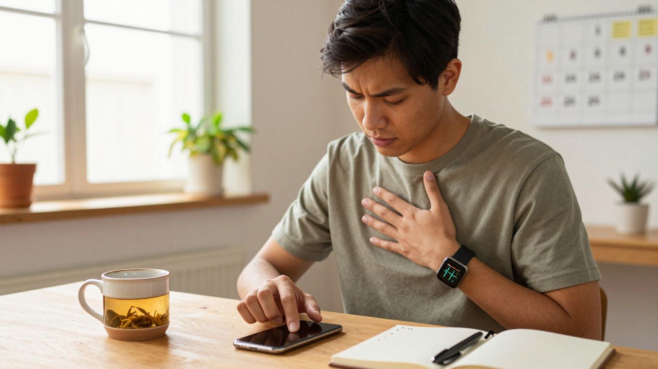 Homem jovem com expressão de dor no peito usando relógio inteligente sentado à mesa com celular, chá e caderno.